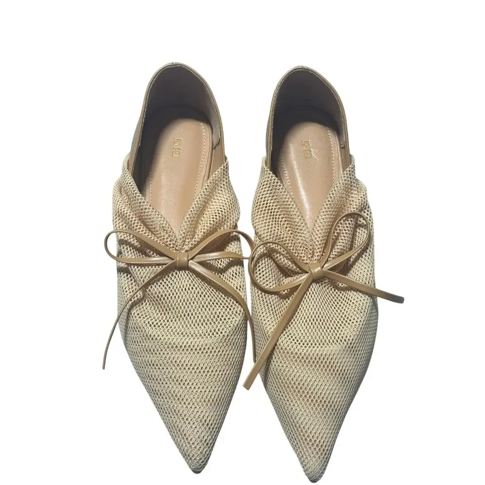 Jw Pei Reilly Fishnet Ballerina Flats Womens 10 Beige Mesh Pointed Toe Bow Tie